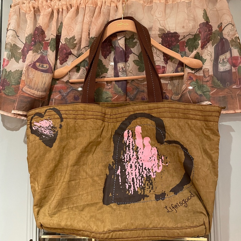 Life is Good Brown Tote Bag with Pink Heart Design